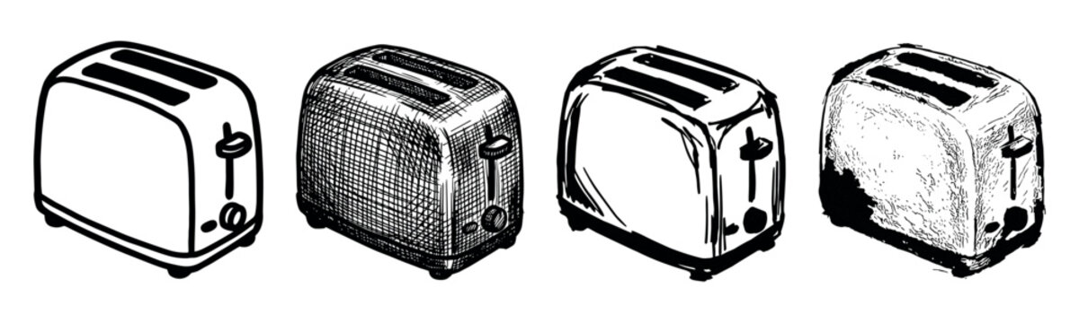 Four hand-drawn toaster illustrations in a black and white sketch style, showcasing a collection of different graphic textures from clean outlines to detailed crosshatching