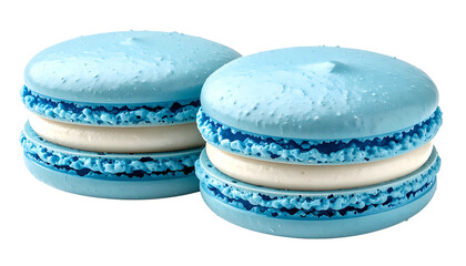 Two light blue French sandwich cookies, white filling, on a black background