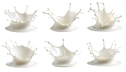 Six dynamic splashes of a white liquid against a black background