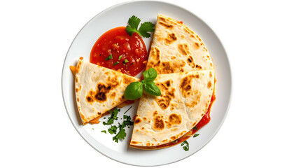 Overhead shot of a white plate with cut quesadillas, salsa, and garnish