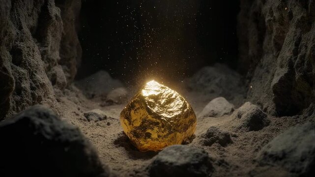 A video showcasing a glowing gold nugget in a dark cave with rocky surroundings
