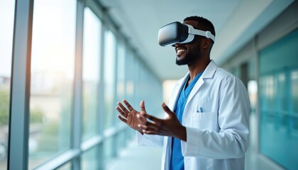 Naklejka premium Doctor wears VR headset in hospital hallway. Man uses virtual reality tech for medical training or patient care. Future of medicine innovation exploring digital health.