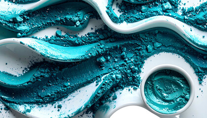 Teal powder makeup abstractly arranged on white, with curved forms and a small pot