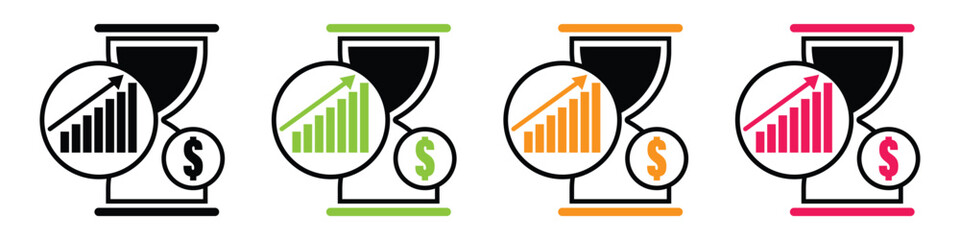 Comprehensive Business Success Icons Highlighting Time Management for Financial Growth, Strategic Wealth Accumulation, and Sustainable Economic Development through Efficient Investment.