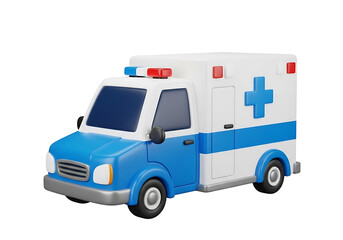 A 3D icon of a blue and white ambulance with red lights on top for emergency medical services