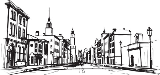 Fototapeta premium City landscape. Line urban backdrop. Skyline with clouds, different buildings on street, doodle street draw, outline cityscape hand sketch, flat houses. Hand drawn vector illustration