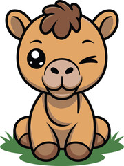 Obraz premium Cute baby horse cartoon character sitting in green grass, adorable foal illustration with big eyes and a wink