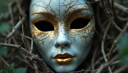 Naklejka premium Cracked porcelain mask with gold leaf patterns rests in tangled branches. Mystical object, mask dark eyes, golden lips. Pale surface features delicate cracks. Mysterious forest setting evokes