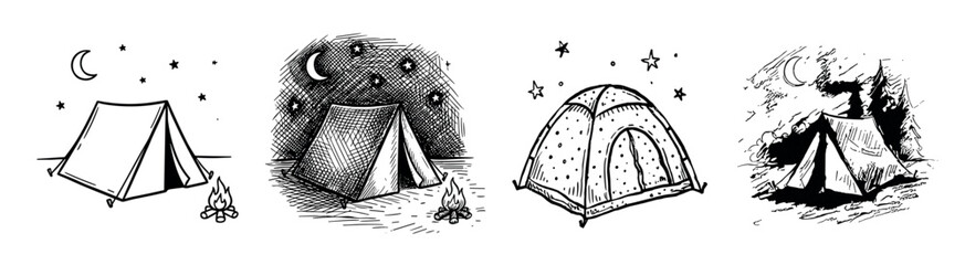 Naklejka premium Set of four hand-drawn camping tent illustrations showing different styles of outdoor adventure shelters with campfires under a starry night sky, rendered in a black ink sketch style