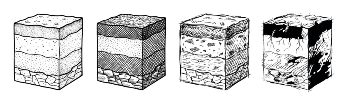 Four hand-drawn soil layer cross-section illustrations showing different geological strata and earth textures in a black and white sketch style
