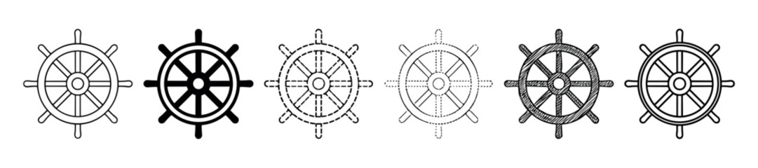 Obraz premium Set of six black ship's wheel icons presented in various graphic styles including outline, solid silhouette, dashed, dotted, and a hand-drawn sketch for nautical design