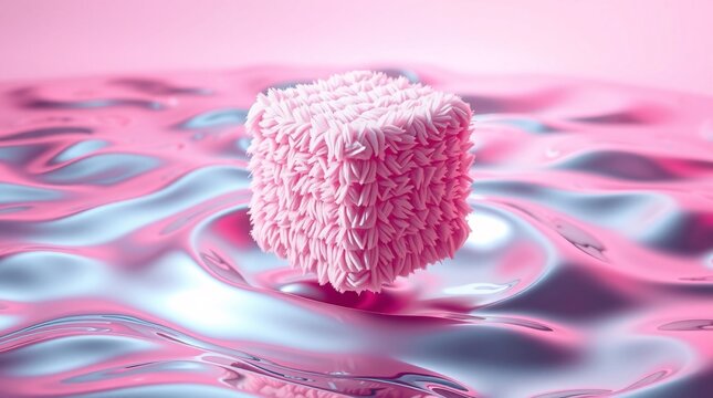 Pink furry cube floating over metallic pink liquid waves abstract digital art concept for creative design and backgrounds