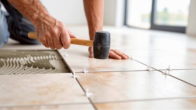 person carefully installing ceramic floor tiles using a rubber mallet and spacers, showing precision, renovation work, construction skill, and interior improvement