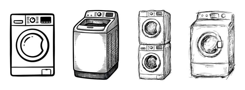 Set of four hand-drawn washing machines in various sketch and doodle styles, showcasing front-loading, top-loading, and stacked laundry appliance models as line art icons