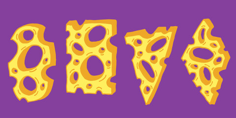 Set of yellow pieces sliced cheese of different shapes. Vector cartoon illustration.
