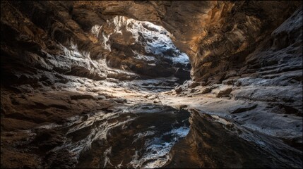 Enigmatic cave with reflection pool and natural rock formations.