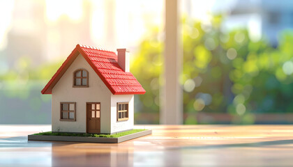 Dream Home: A miniature model of a quaint house with a red roof, a charming symbol of home ownership, is bathed in warm sunlight, evoking feelings of comfort, safety, and the realization of dreams.