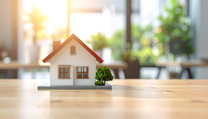 Dream Home on Display: A miniature house model sits gracefully on a polished wooden surface, bathed in the soft glow of natural light.