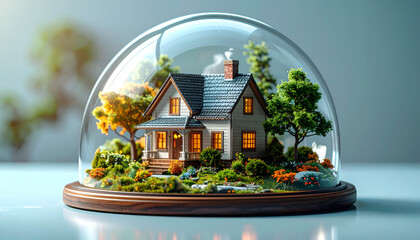 Cozy Home in a Globe: A charming miniature house nestled inside a glass globe, surrounded by lush miniature trees and plants. A perfect representation of home and serenity.