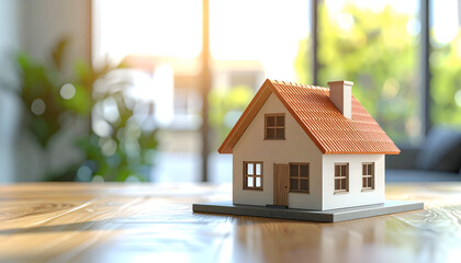 Home Sweet Home: A charming miniature house rests on a wooden table, bathed in the soft glow of sunlight, symbolizing dreams of homeownership and the promise of a peaceful life.
