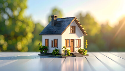 Dream Home in Sunlight: A miniature house sits bathed in sunlight, set against a backdrop of nature and greenery, representing dreams of property ownership and the comfort of a home.
