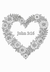 John 3:16. Bible verse in heart shape made of flowers