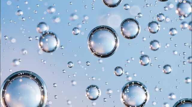 Video of water gel drops and bubbles slowly floating in the air creating an atmosphere of freshness and vitality for skin products.Slow motion.AI Generative.