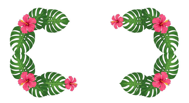 Symmetrical Tropical Frame Border with Green Monstera Leaves and Pink Hibiscus Flowers Isolated