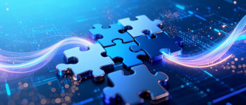 Digital Puzzle Pieces on Futuristic Tech Background with Glowing Light Waves Symbolizing Connection and Innovation