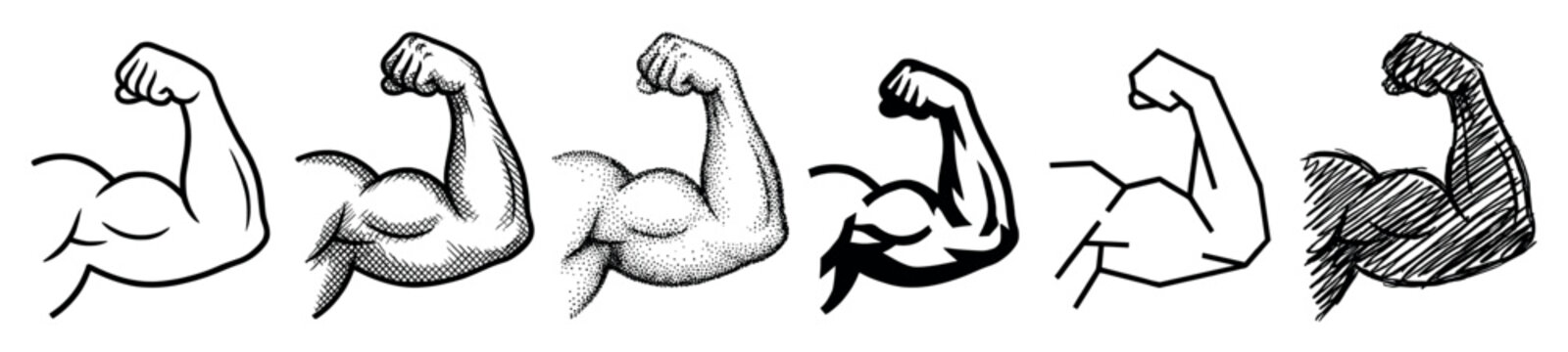 Six different styles of a muscular arm flexing its bicep, a collection of black and white icons showing strength in line art, stipple, hatching, geometric, and sketch designs