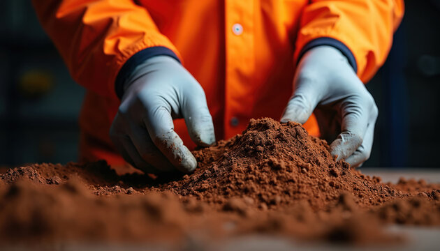 Engineer in orange jacket and gloves handles soil sample. Person studies dirt for construction project. Expert tests ground material for science research.