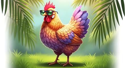 Fototapeta premium Vibrant colorful rooster wearing sunglasses standing in a tropical paradise