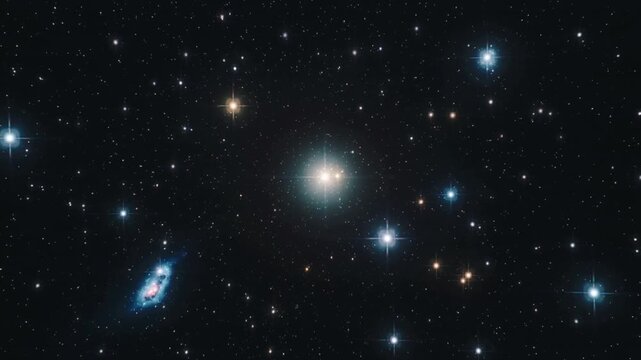 Video of camera flying forward through stars glowing softly in deep space realistic cosmic depth.Slow motion zoom in.AI Generative.
