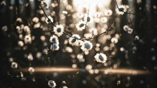 Close-up of Fluffy Pussy Willows Shimmering in Golden Sunlight