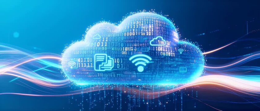 Digital Cloud Computing Visualization Featuring Binary Code, Wi-Fi Symbols, and Data Streams for Online Storage and Network Connectivity