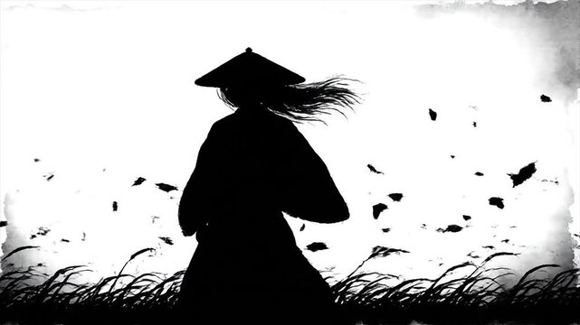A powerful anime samurai silhouette stands defiantly in a windswept field, a dramatic wallpaper depicting ancient warrior spirit and Japanese cultural aesthetic