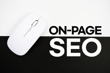 On-Page SEO text and wireless mouse on white and black background