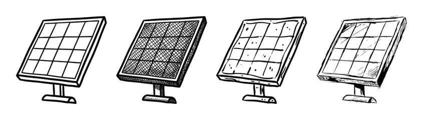 Set of four hand-drawn solar panels in a sketchy black and white ink doodle style, a collection of alternative energy equipment illustrations representing renewable power