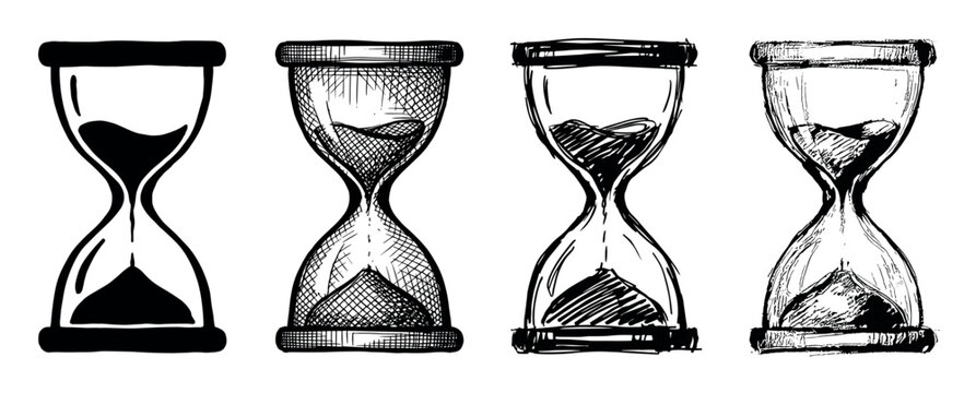 Set of four hand-drawn hourglasses in various sketch styles, illustrating the concept of time passing, deadlines, and measurement in a monochrome artistic design