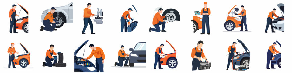 Flat Character Auto Mechanic Various Poses and Car Repair Concept