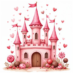 Naklejka premium Pink watercolor castle illustration features candy elements. Sweet fantasy structure with lollipop details and heart decorations. Perfect for kids themes or romantic designs.