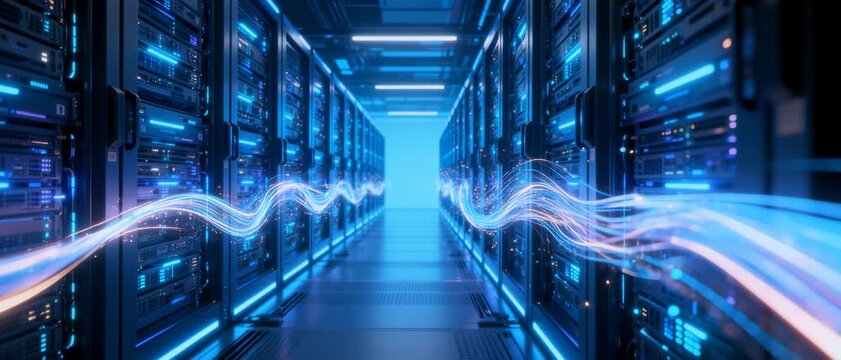 Modern Data Center Corridor with Glowing Digital Data Streams Between Server Racks and Blue LED Lighting