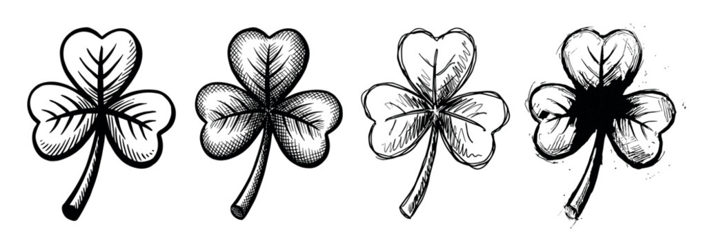 Collection of four three-leaf clover sketches rendered in a monochrome ink style, featuring different hand-drawn textures from clean lines to messy, grunge-inspired splatters