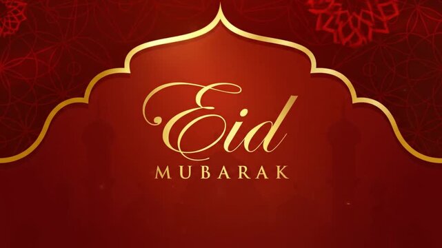 Celebratory Eid Mubarak greeting card with intricate gold design and festive red background
