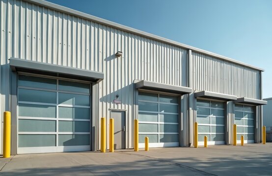 Modern warehouse exterior features multiple large glass overhead doors, small entry door. Yellow bollards stand guard on concrete lot under clear blue sky. Metal siding reflects sunlight, suggesting