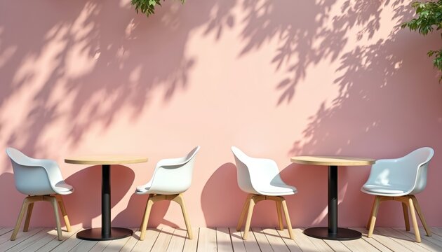 Minimalist outdoor seating with two round tables and four white chairs. Pink wall background with tree shadow. Outdoor cafe or restaurant setting, bright summer day.