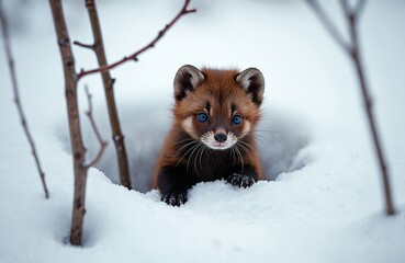 Fototapeta premium Small brown animal with blue eyes peeks from snowy den. Furry mammal hides in winter snow bank near bare tree branches. Cute creature explores cold environment.