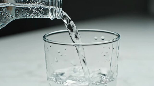 Clear water pouring from a cold bottle into a transparent glass, illustrating healthy hydration and beverage replenishment process