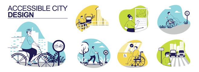 Accessible city design concept set for web design. Collection with people cycling on roads, kick scooter riding, using wheelchair ramp or elevator, going on blind person pathway. Vector illustration.