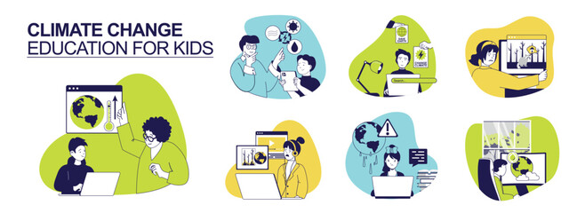 Climate change education for kids concept set for web design. Collection with people learn children eco awareness, boys and girls watch videos of reduce waste, forest safe, more. Vector illustration. © alexdndz